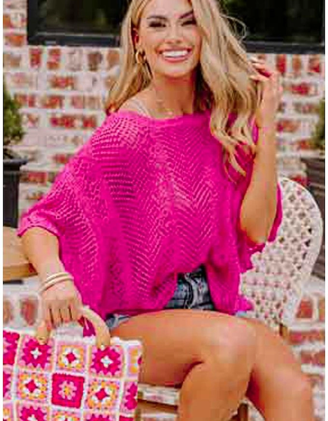 Rose Red Pointelle Knit Scallop Edge Short Sleeve Top