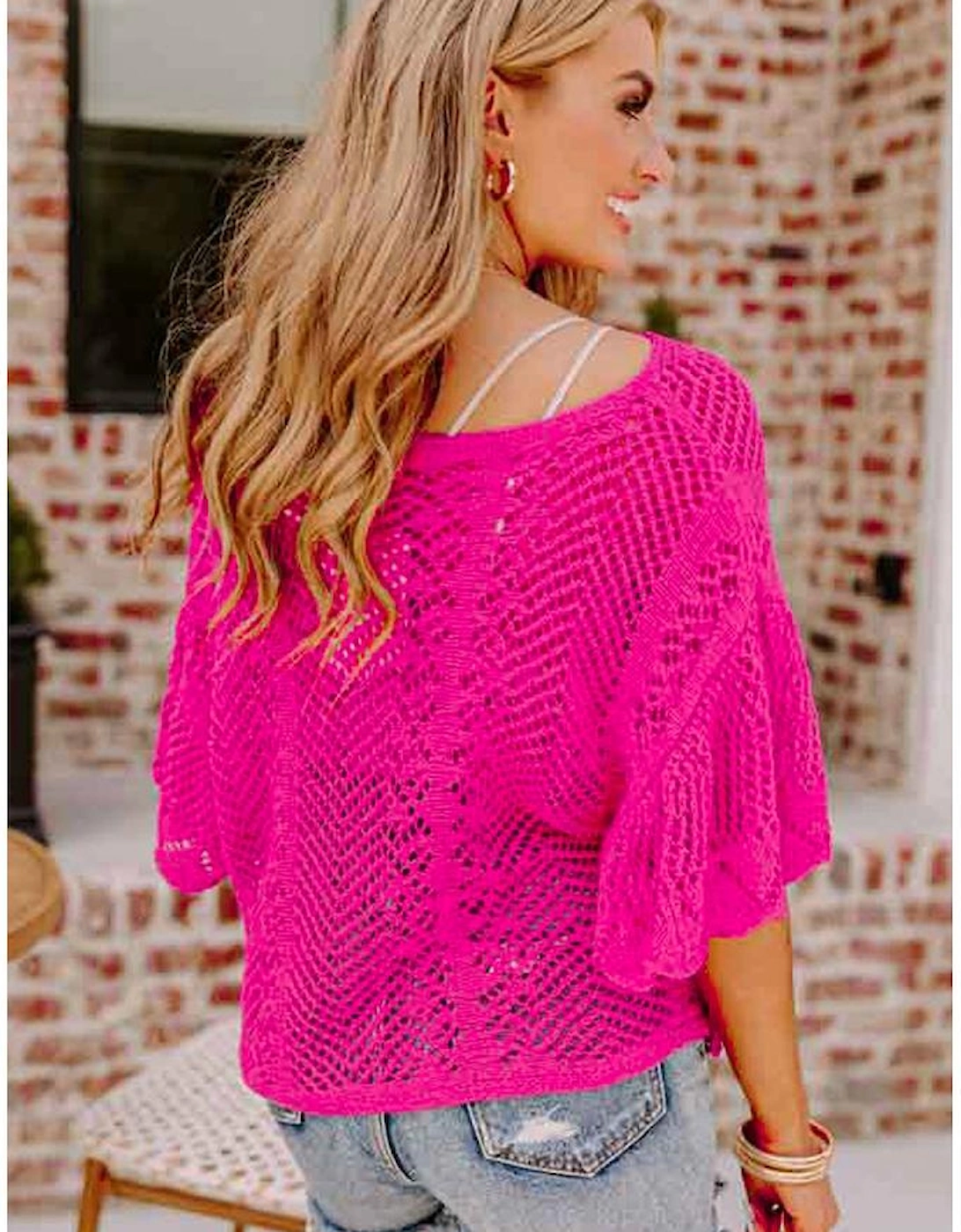 Rose Red Pointelle Knit Scallop Edge Short Sleeve Top