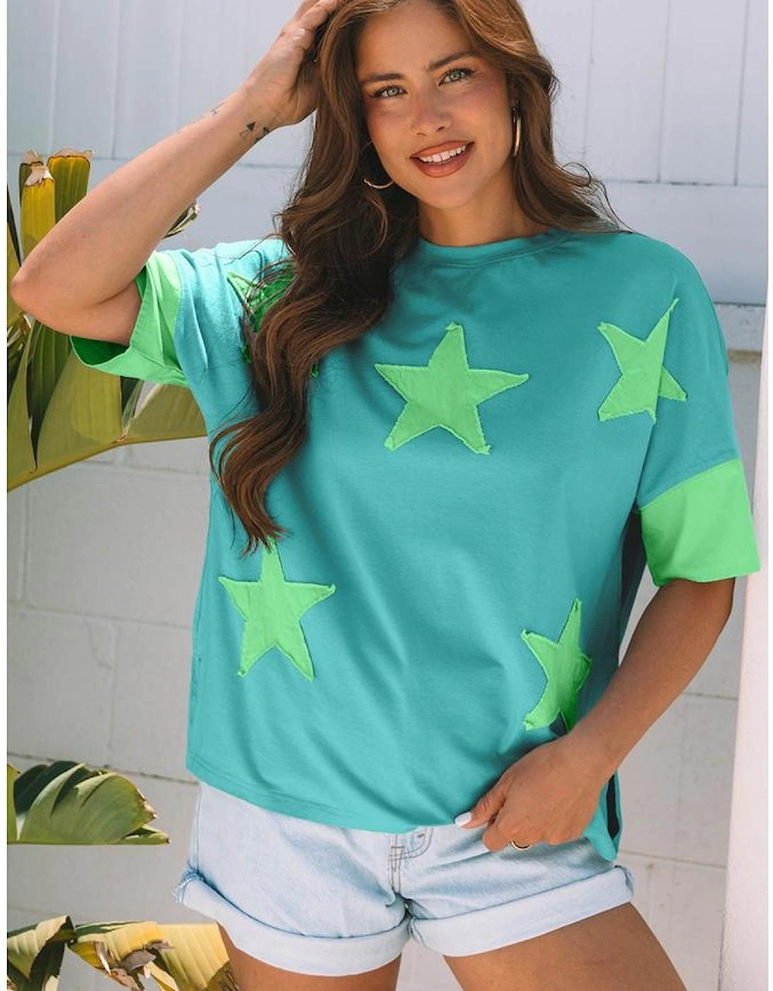 Aruba Blue Frayed Denim Star Patched Oversize T Shirt
