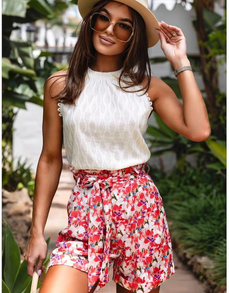 Beige Frenchy Lace Trim Textured Halter Tank Top