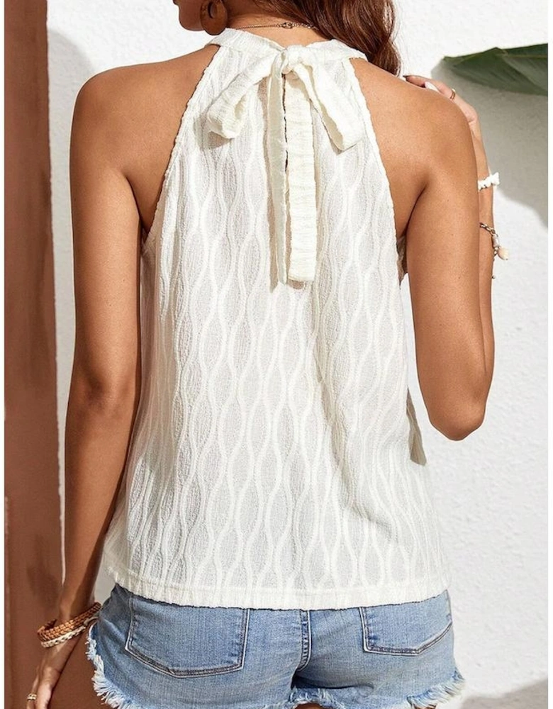 Beige Frenchy Lace Trim Textured Halter Tank Top