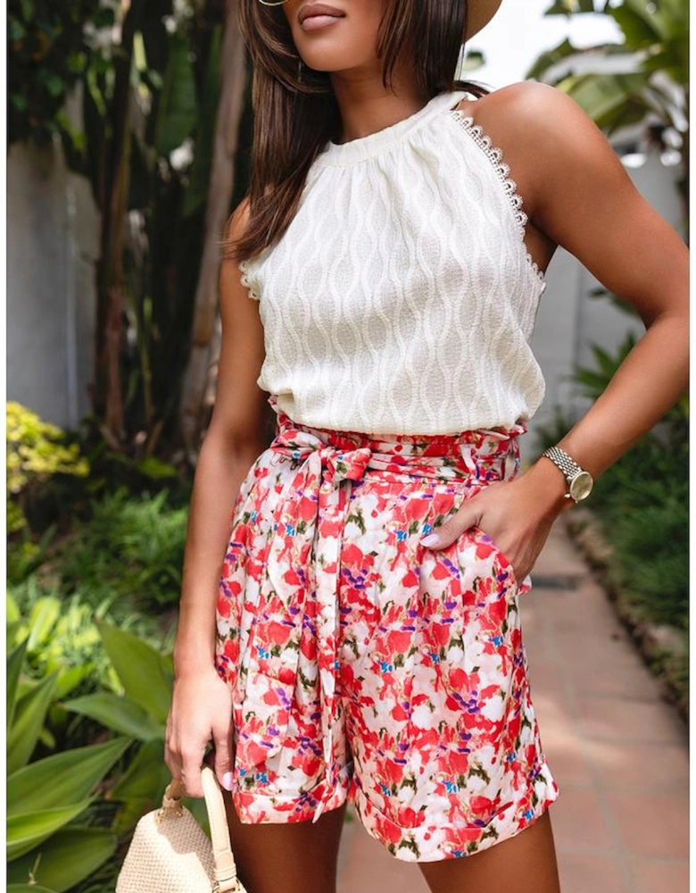 Beige Frenchy Lace Trim Textured Halter Tank Top