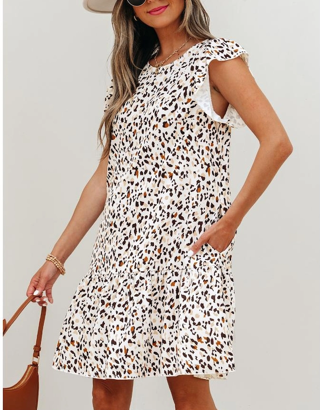 Khaki Leopard Ruffled Flutter Sleeve Keyhole Back Mini Dress