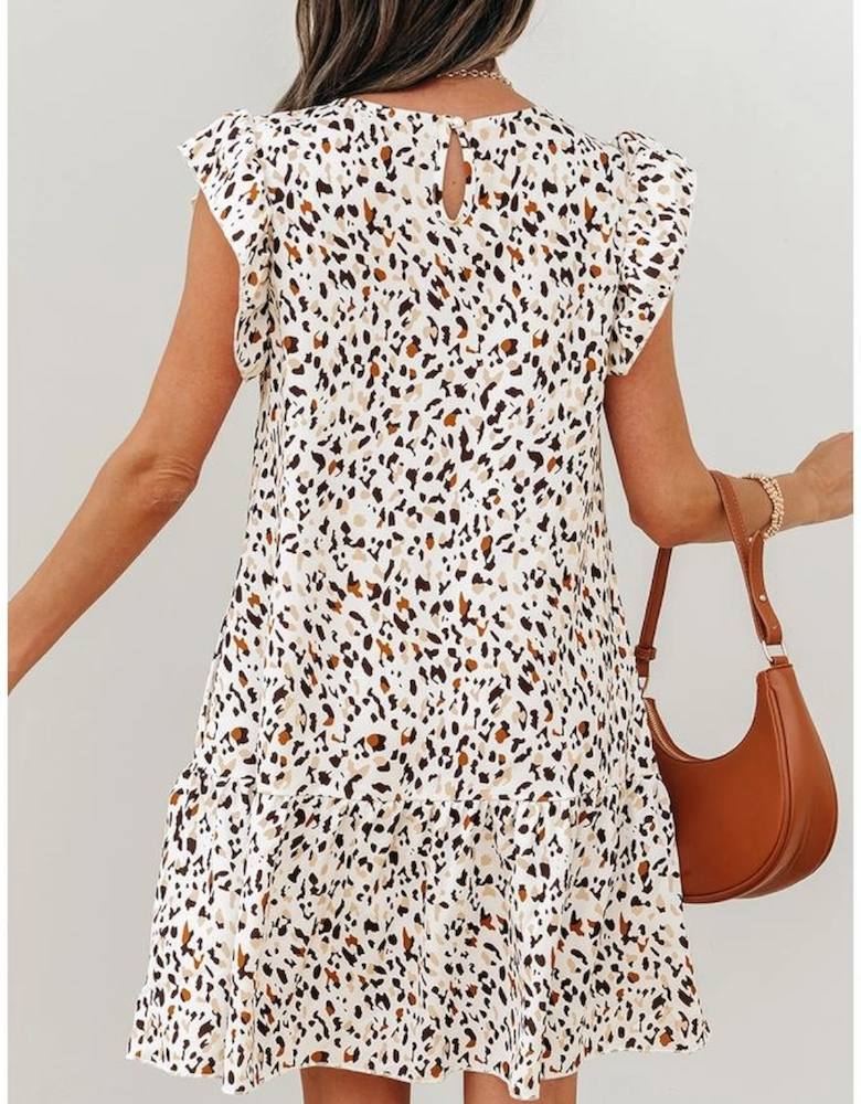 Khaki Leopard Ruffled Flutter Sleeve Keyhole Back Mini Dress