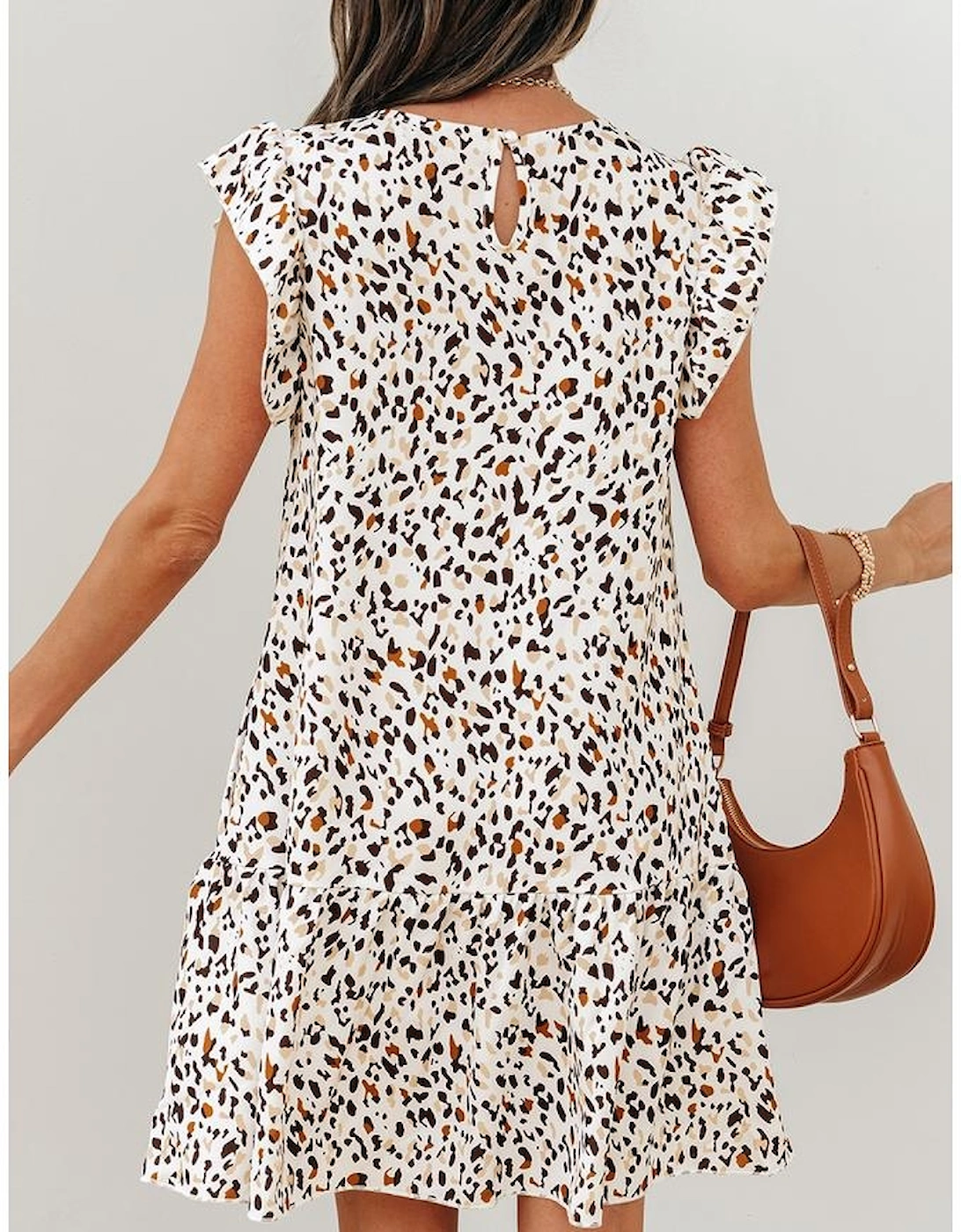 Khaki Leopard Ruffled Flutter Sleeve Keyhole Back Mini Dress, 16 of 15