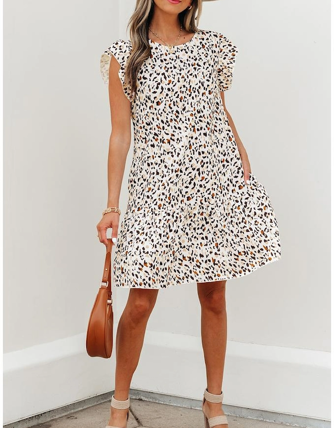 Khaki Leopard Ruffled Flutter Sleeve Keyhole Back Mini Dress