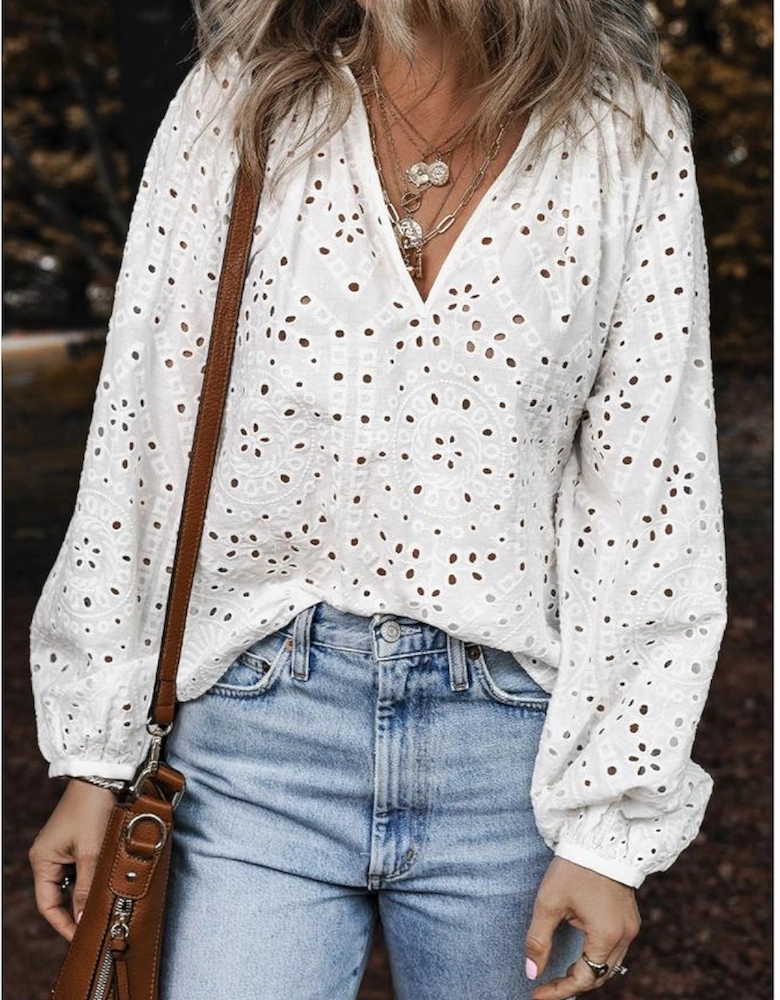 White Eyelet Embroidered Puff Sleeve V Neck Blouse