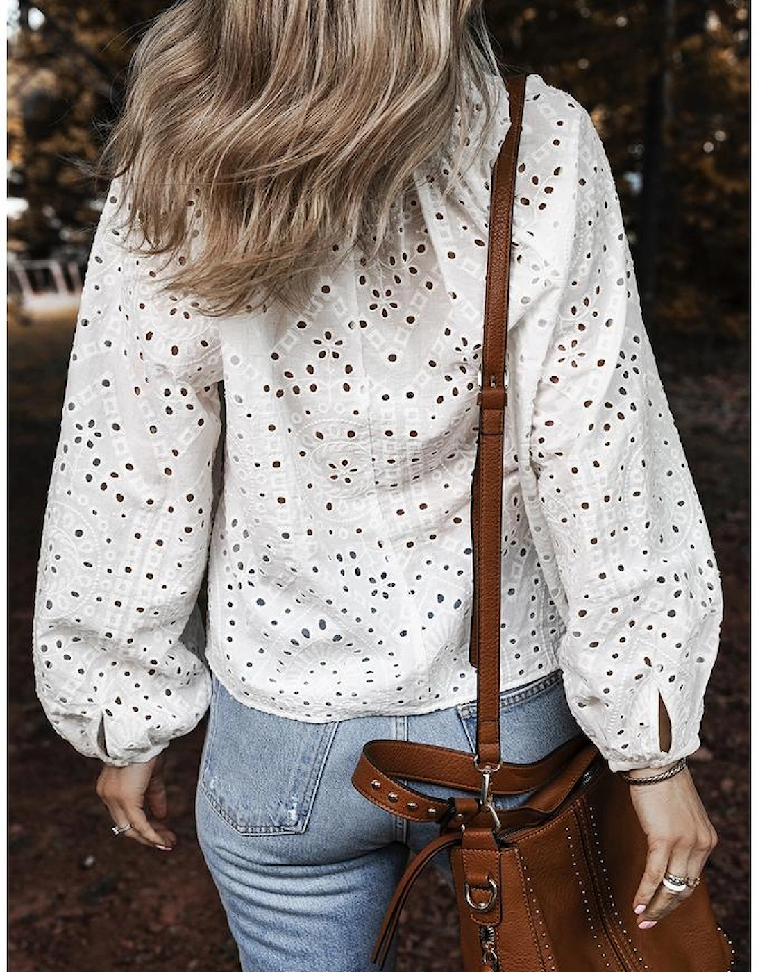 White Eyelet Embroidered Puff Sleeve V Neck Blouse