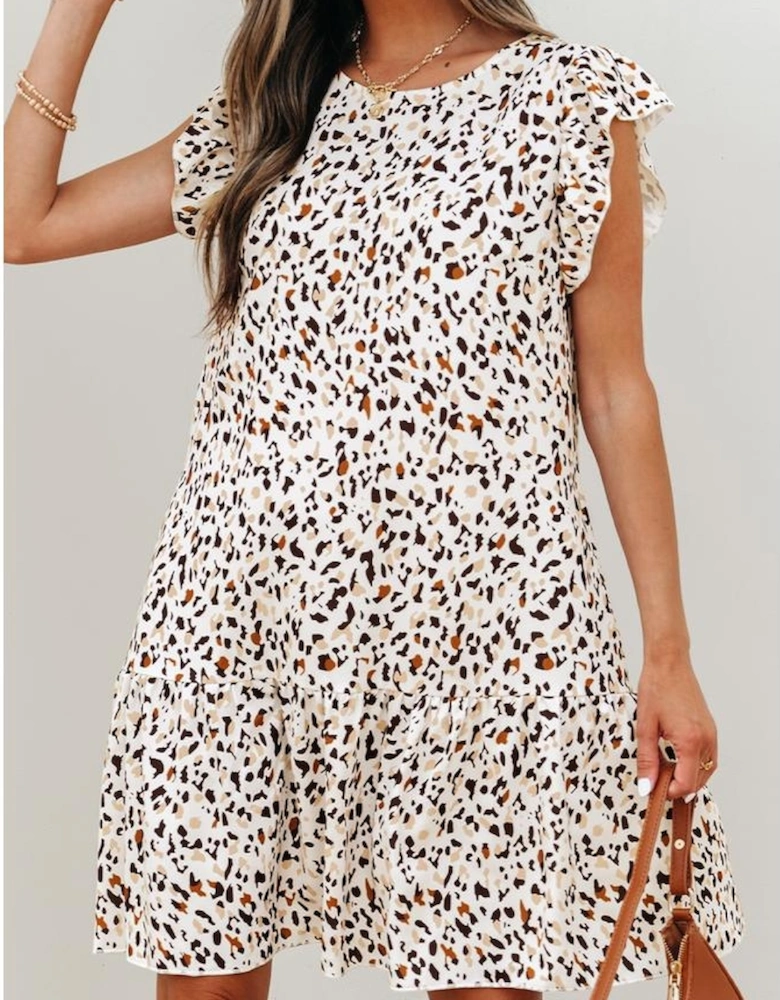Khaki Leopard Ruffled Flutter Sleeve Keyhole Back Mini Dress