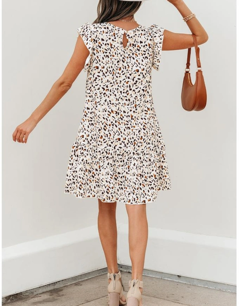 Khaki Leopard Ruffled Flutter Sleeve Keyhole Back Mini Dress