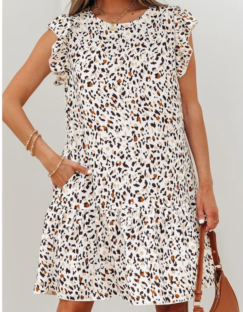 Khaki Leopard Ruffled Flutter Sleeve Keyhole Back Mini Dress
