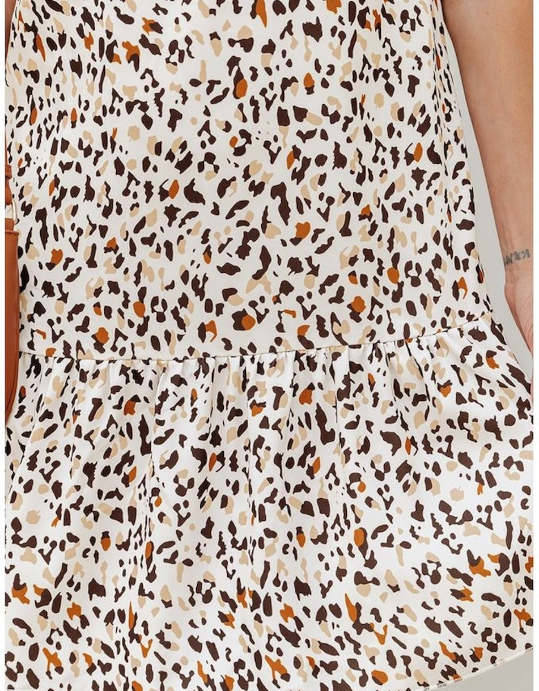 Khaki Leopard Ruffled Flutter Sleeve Keyhole Back Mini Dress