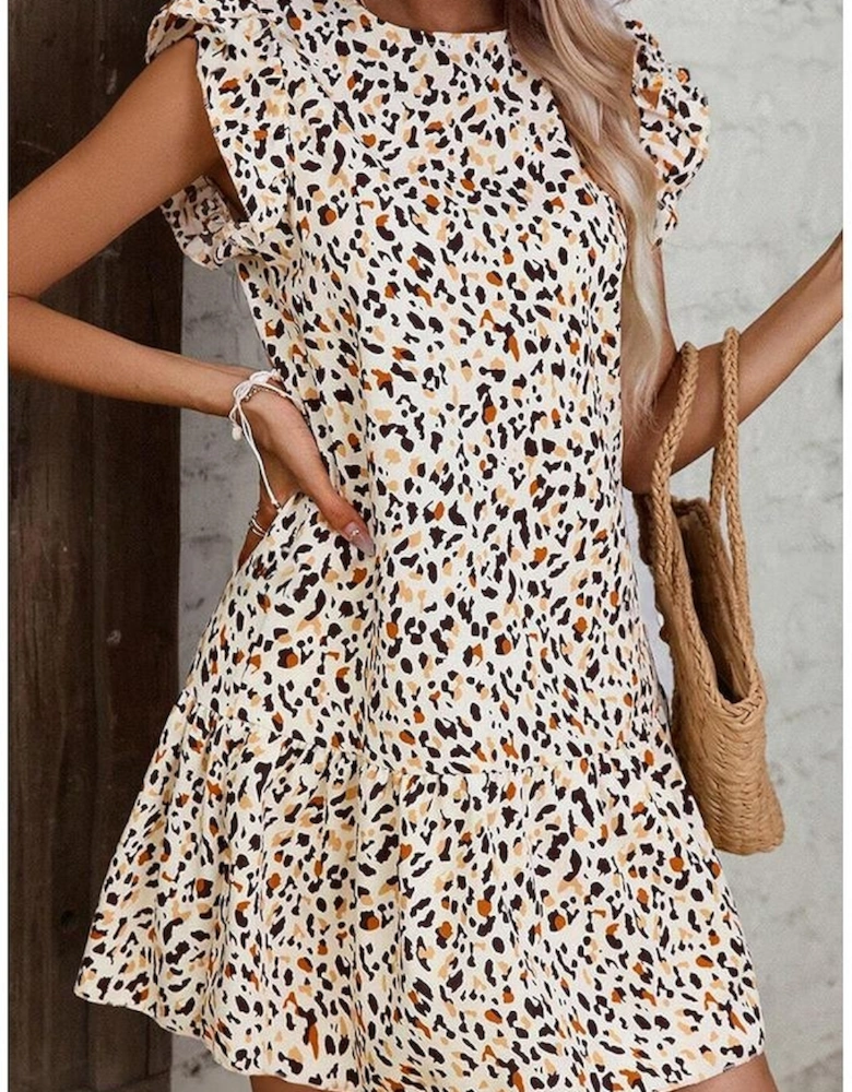 Khaki Leopard Ruffled Flutter Sleeve Keyhole Back Mini Dress
