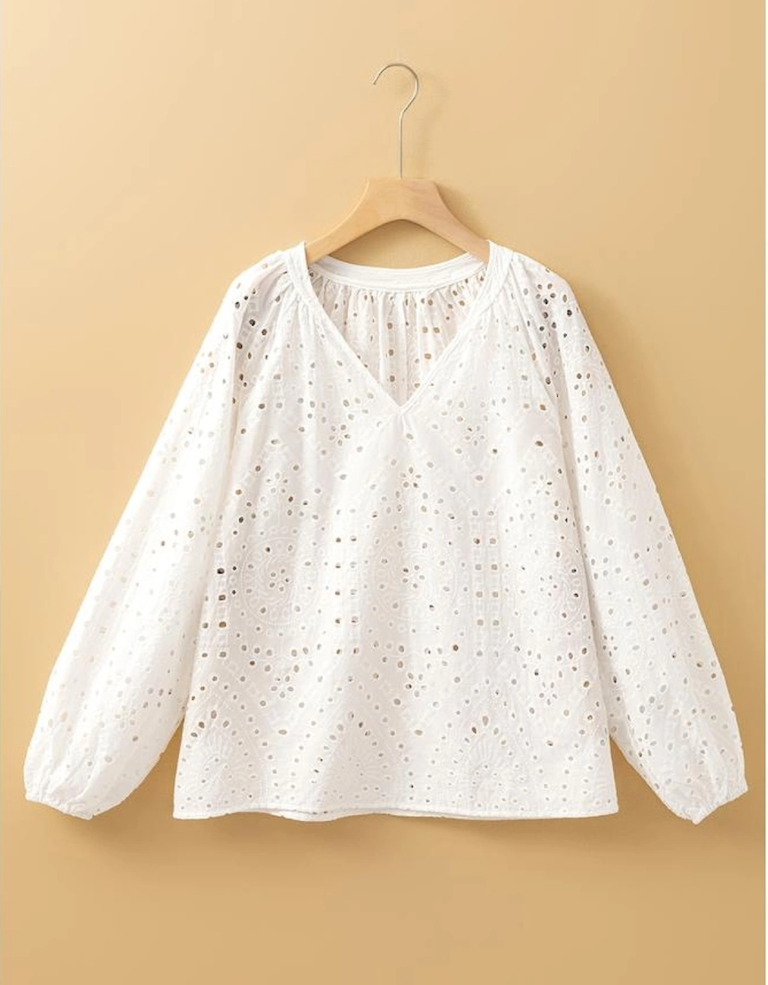 White Eyelet Embroidered Puff Sleeve V Neck Blouse