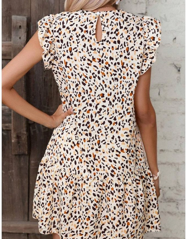 Khaki Leopard Ruffled Flutter Sleeve Keyhole Back Mini Dress