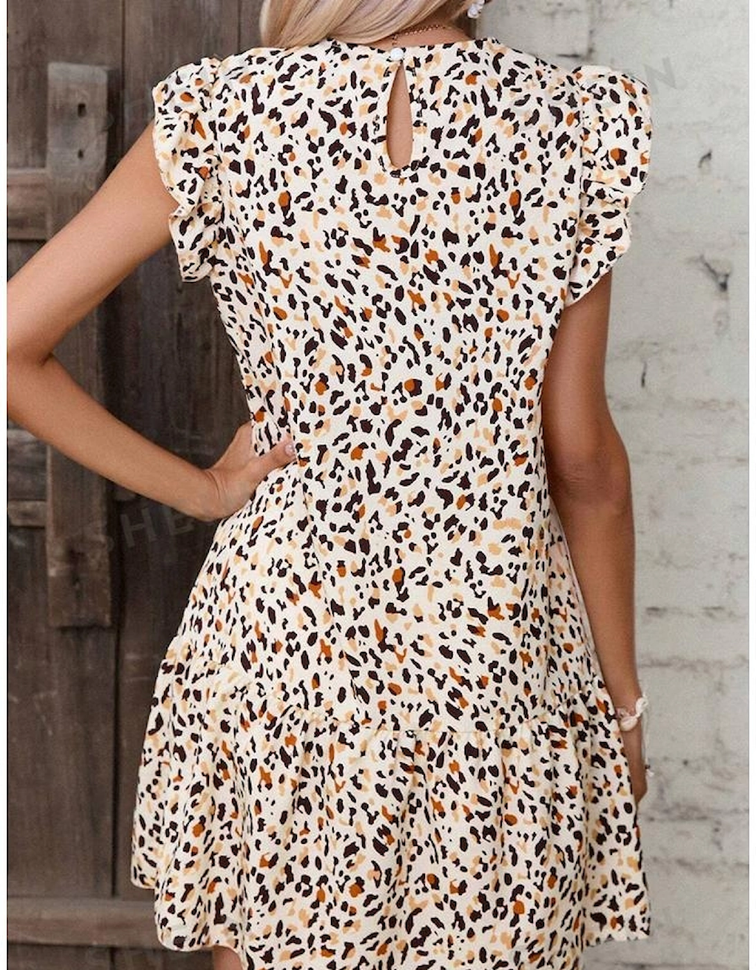 Khaki Leopard Ruffled Flutter Sleeve Keyhole Back Mini Dress