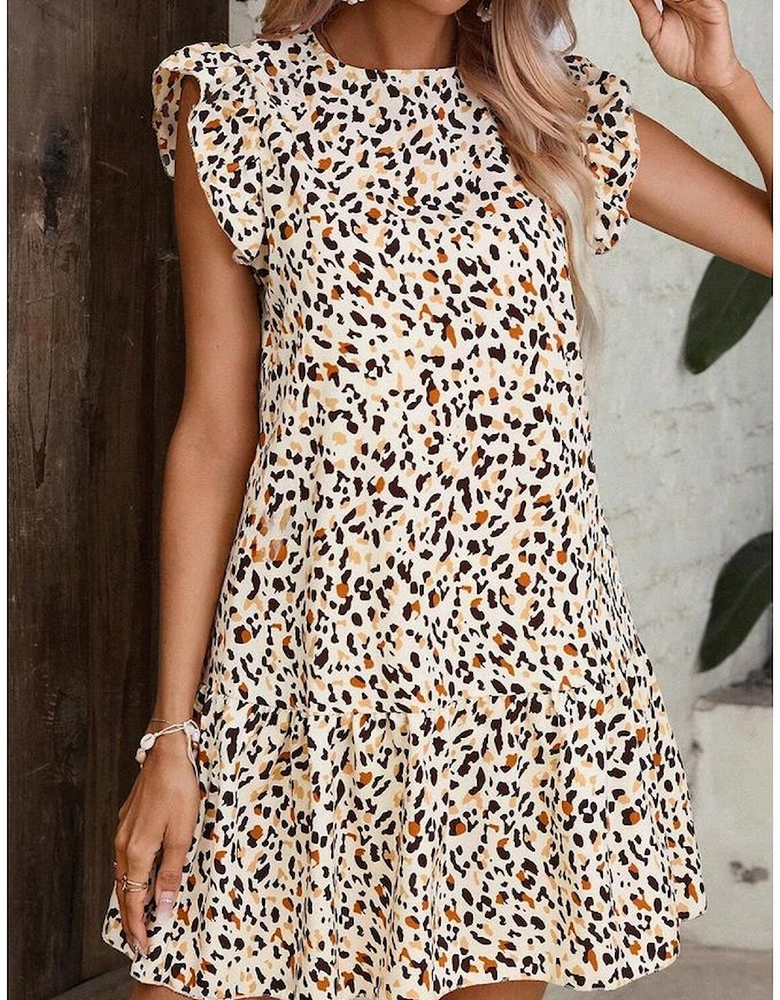 Khaki Leopard Ruffled Flutter Sleeve Keyhole Back Mini Dress