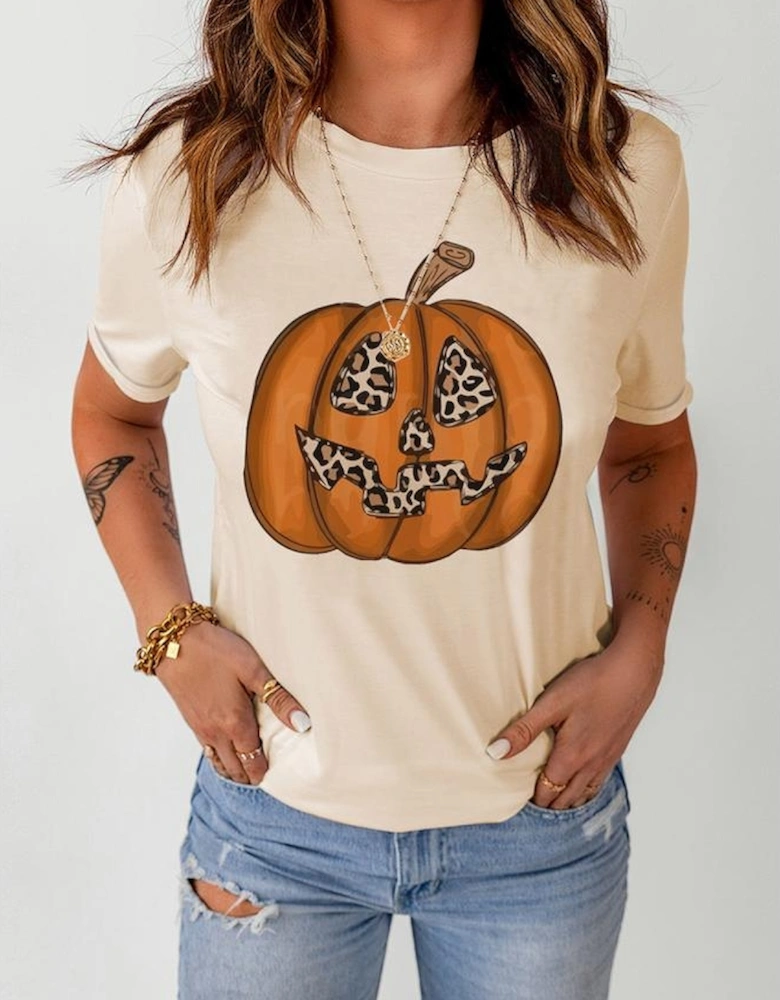 Khaki Halloween Leopard Pumpkin Print T Shirt