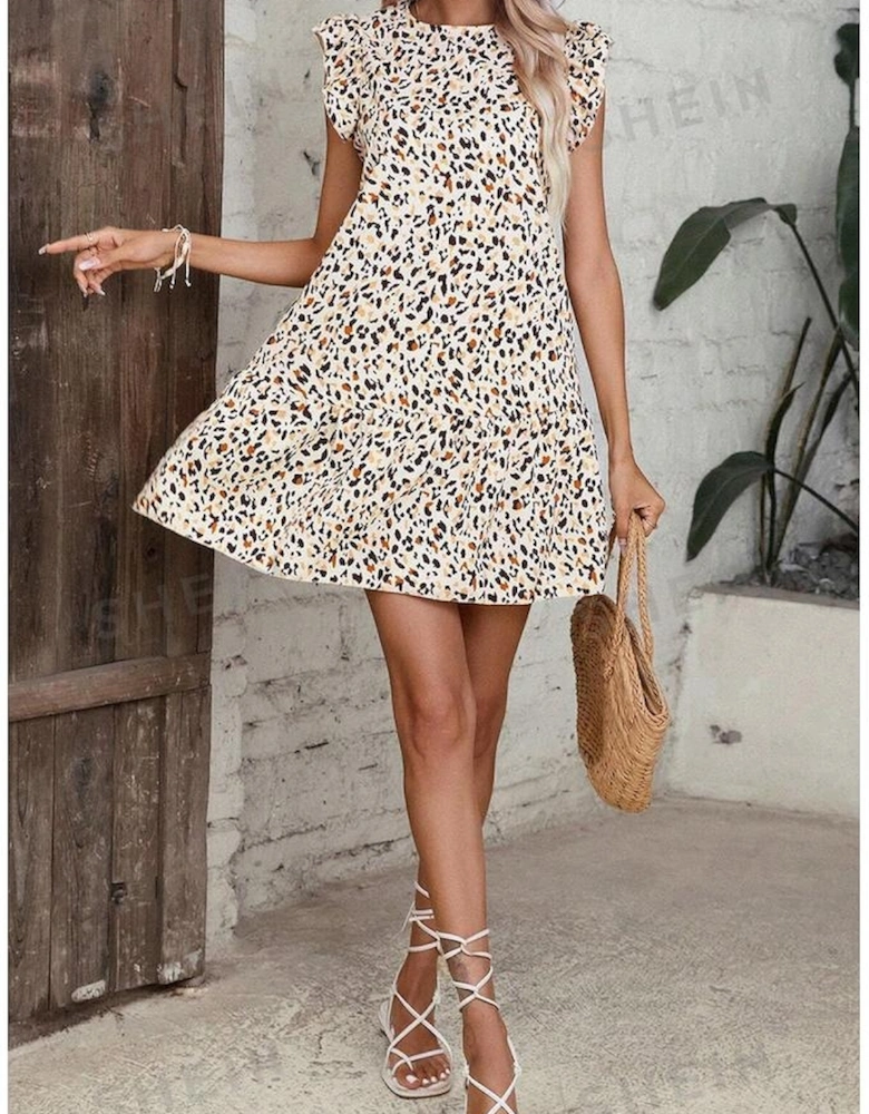 Khaki Leopard Ruffled Flutter Sleeve Keyhole Back Mini Dress