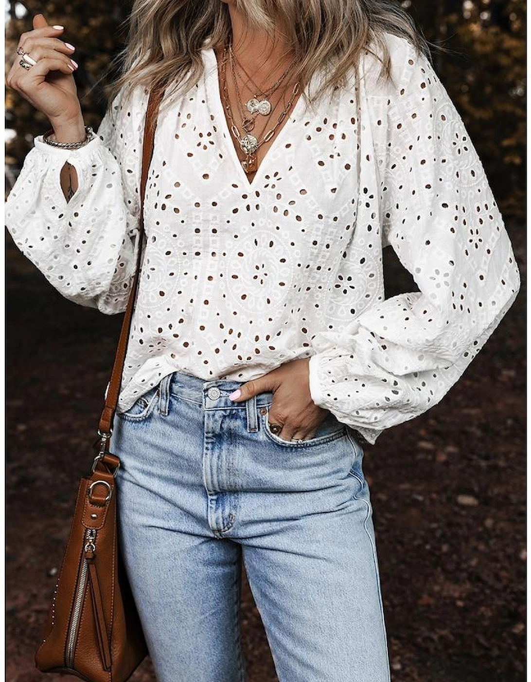 White Eyelet Embroidered Puff Sleeve V Neck Blouse
