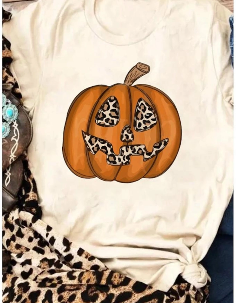 Khaki Halloween Leopard Pumpkin Print T Shirt