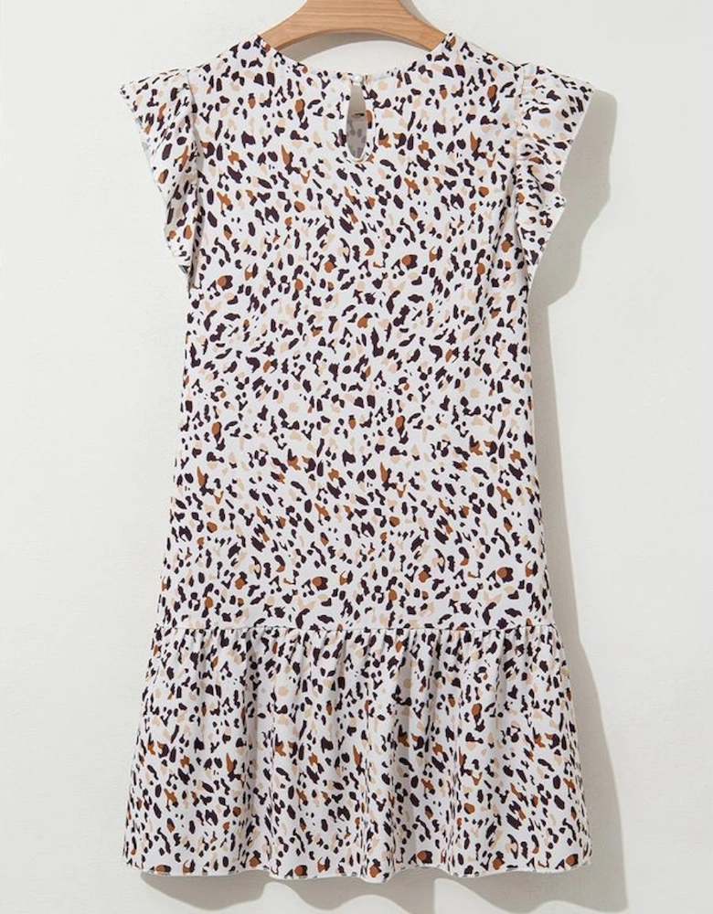 Khaki Leopard Ruffled Flutter Sleeve Keyhole Back Mini Dress