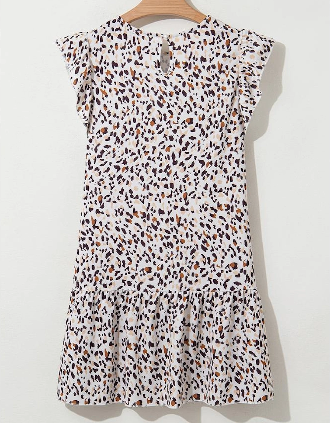 Khaki Leopard Ruffled Flutter Sleeve Keyhole Back Mini Dress