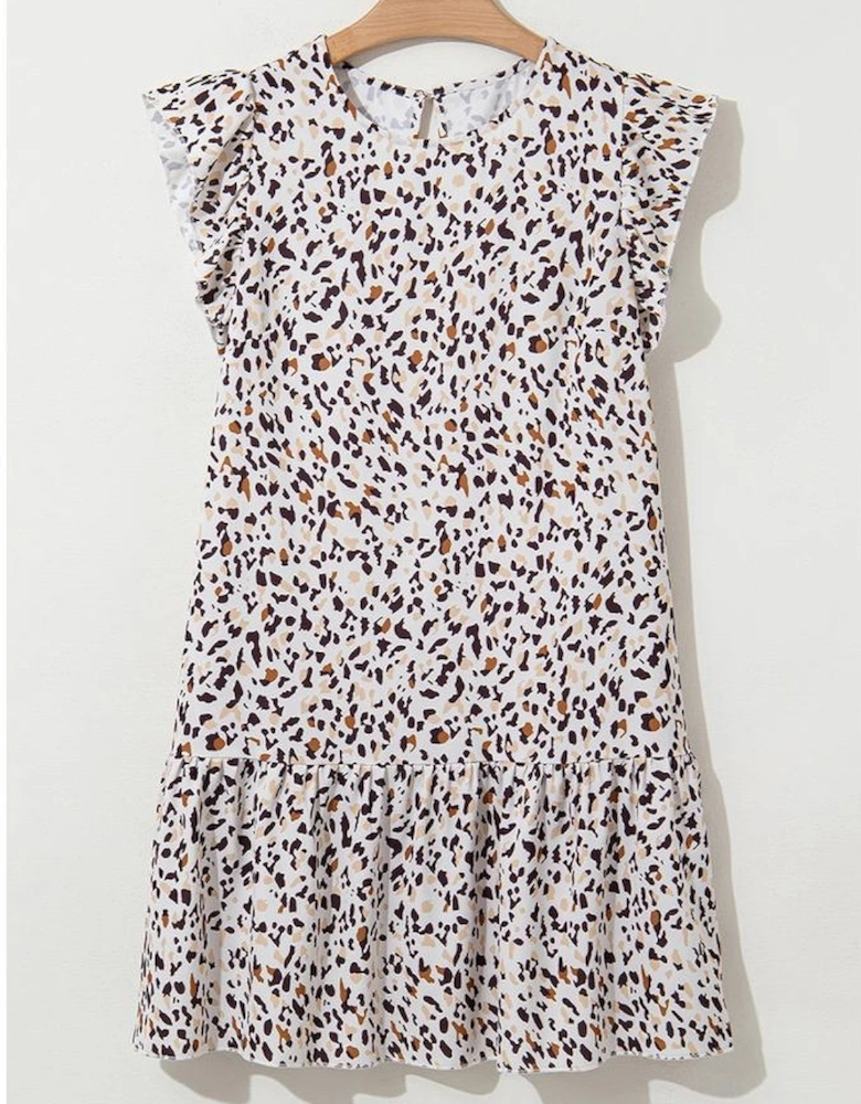 Khaki Leopard Ruffled Flutter Sleeve Keyhole Back Mini Dress
