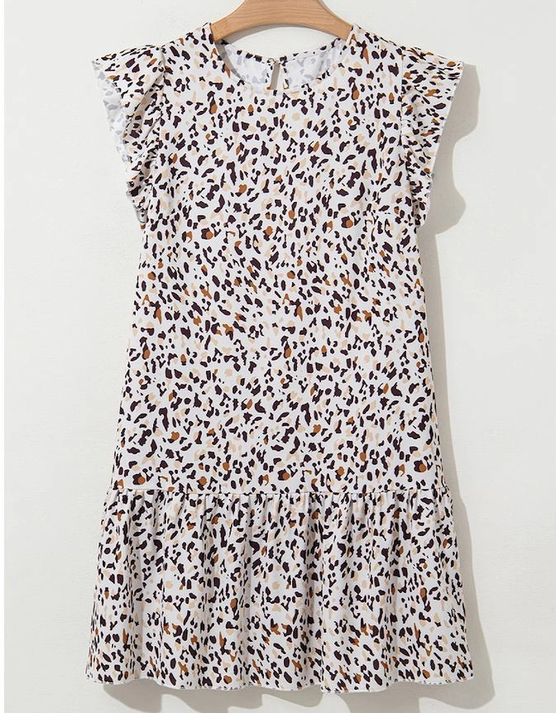 Khaki Leopard Ruffled Flutter Sleeve Keyhole Back Mini Dress