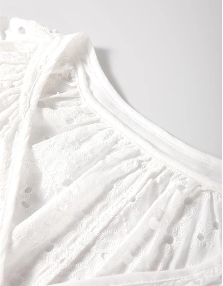 White Eyelet Embroidered Puff Sleeve V Neck Blouse