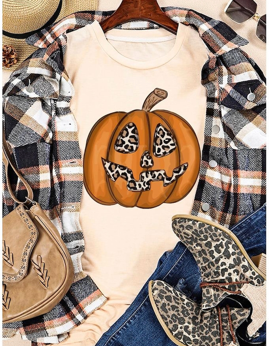 Khaki Halloween Leopard Pumpkin Print T Shirt