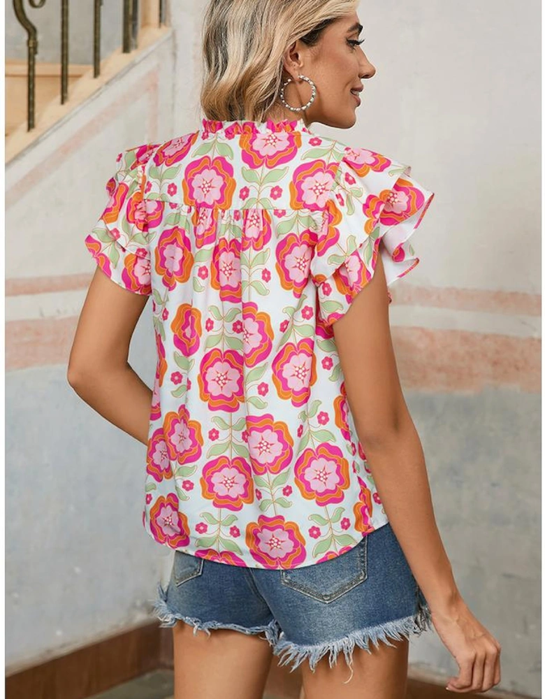 Rose Floral Ruffled Sleeve Ric-rac Trim Split Neck Loose Blouse