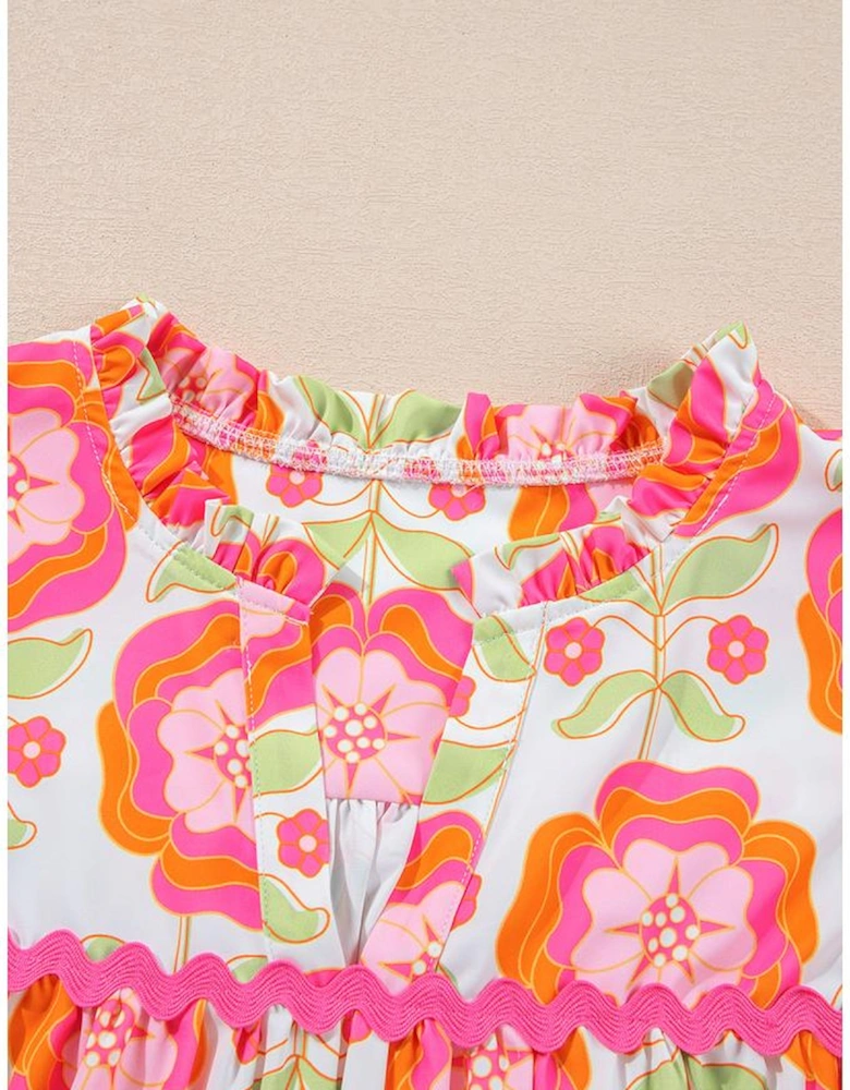 Rose Floral Ruffled Sleeve Ric-rac Trim Split Neck Loose Blouse