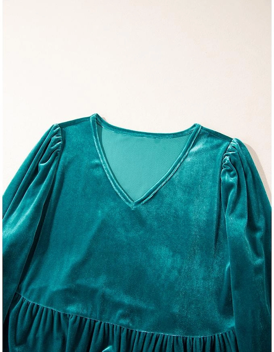 Sea Green Velvet V Neck Peplum Hem Puff Sleeve Blouse, 16 of 15