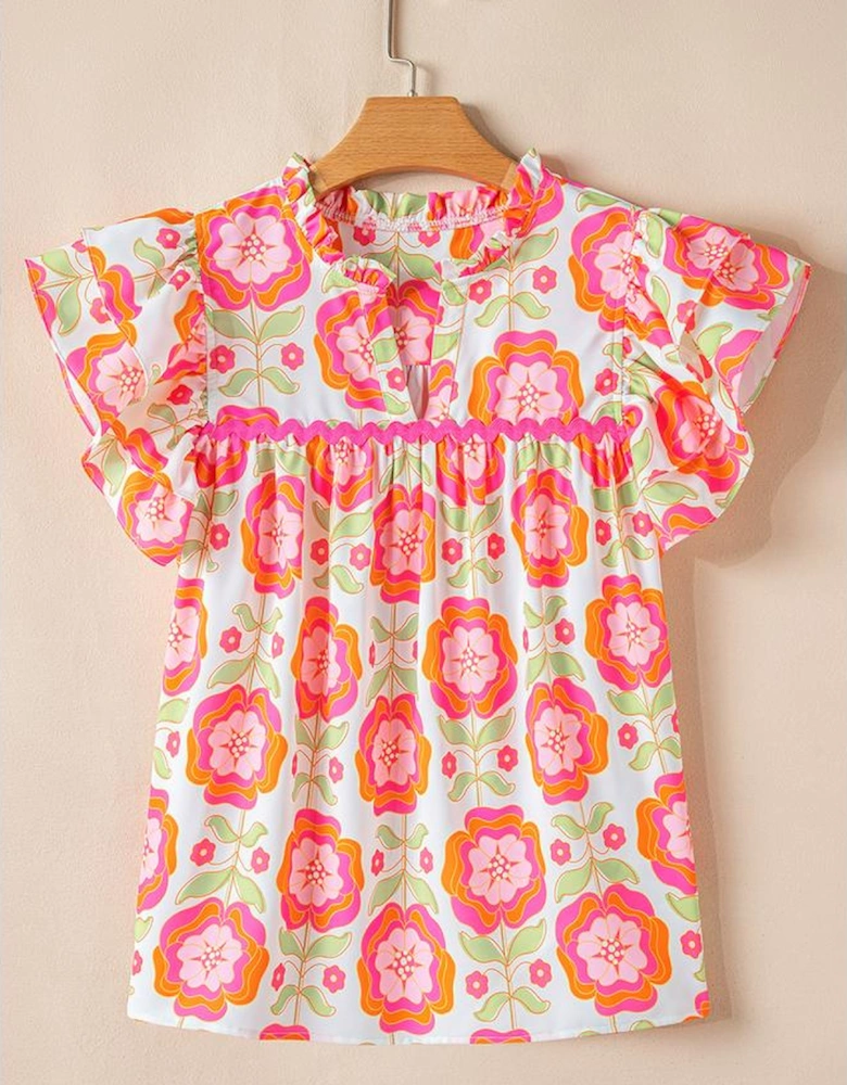 Rose Floral Ruffled Sleeve Ric-rac Trim Split Neck Loose Blouse