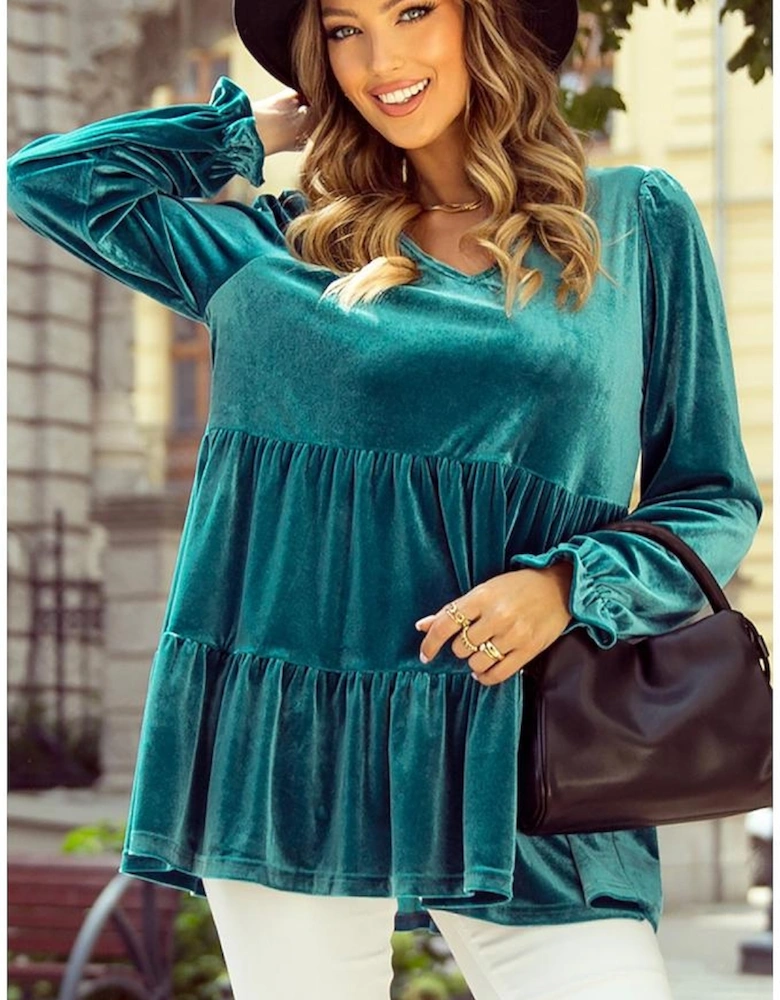Sea Green Velvet V Neck Peplum Hem Puff Sleeve Blouse
