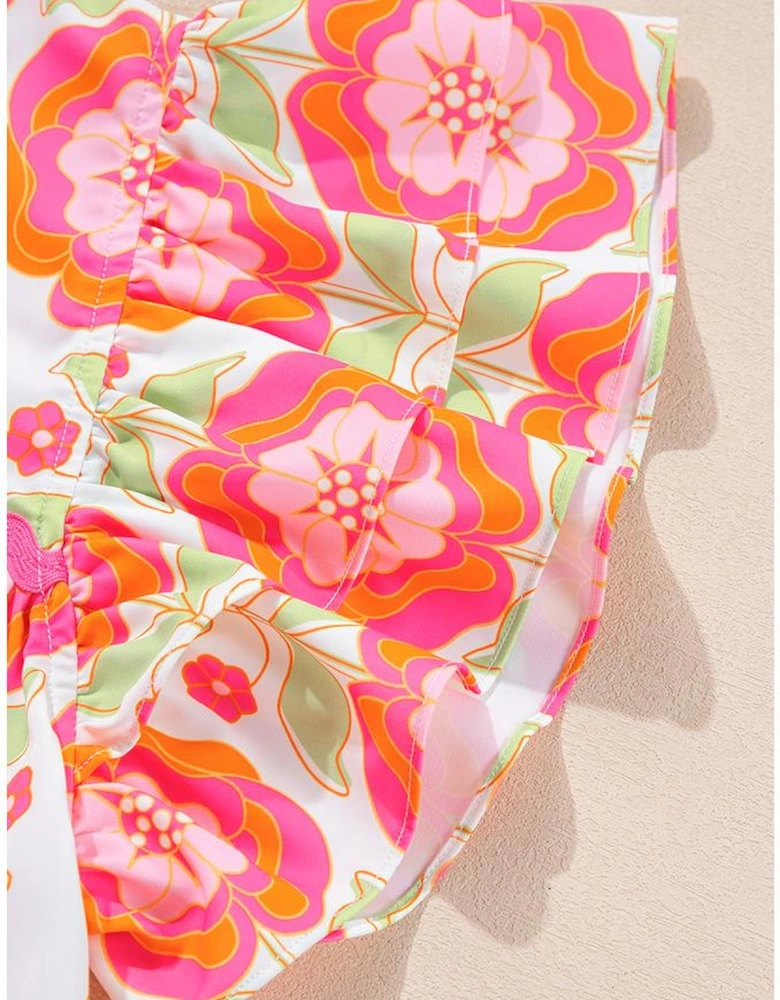 Rose Floral Ruffled Sleeve Ric-rac Trim Split Neck Loose Blouse