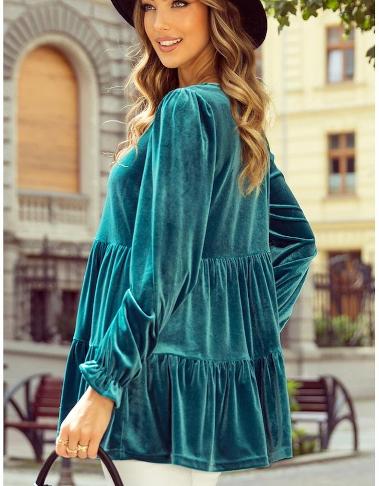 Sea Green Velvet V Neck Peplum Hem Puff Sleeve Blouse