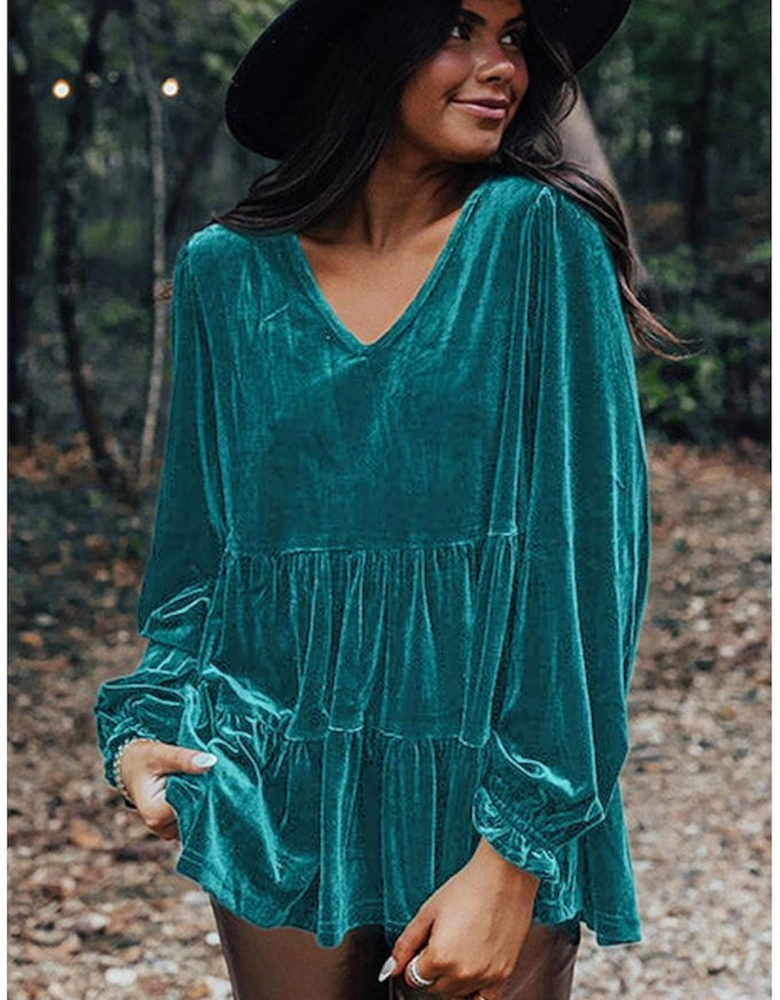 Sea Green Velvet V Neck Peplum Hem Puff Sleeve Blouse