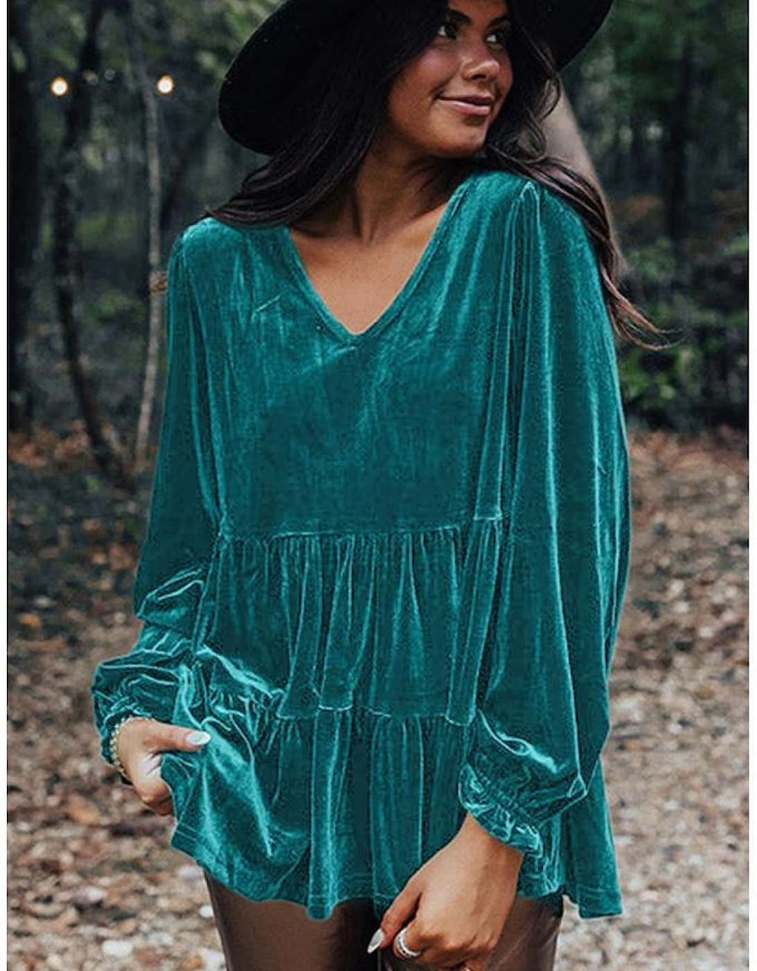 Sea Green Velvet V Neck Peplum Hem Puff Sleeve Blouse