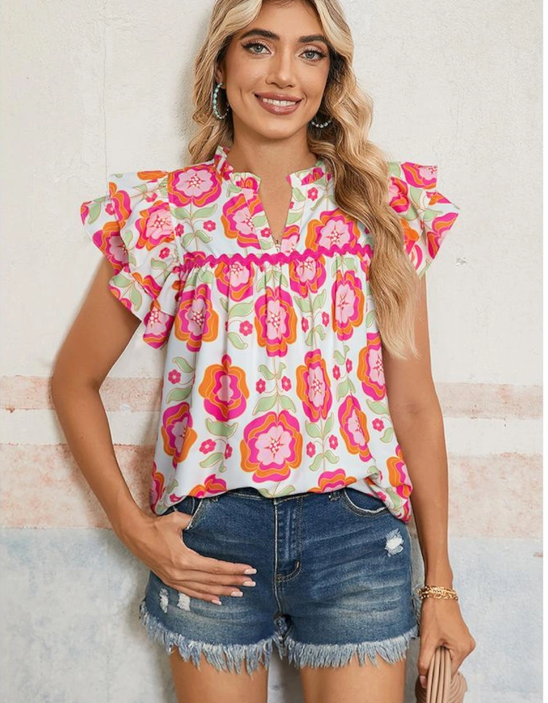 Rose Floral Ruffled Sleeve Ric-rac Trim Split Neck Loose Blouse