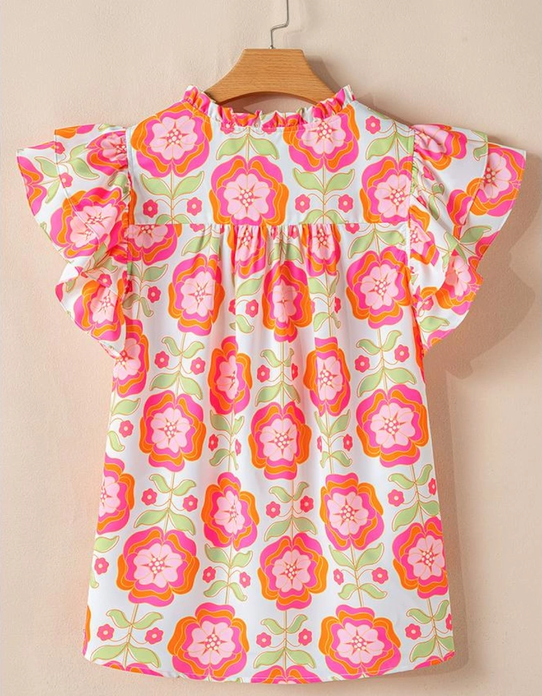 Rose Floral Ruffled Sleeve Ric-rac Trim Split Neck Loose Blouse