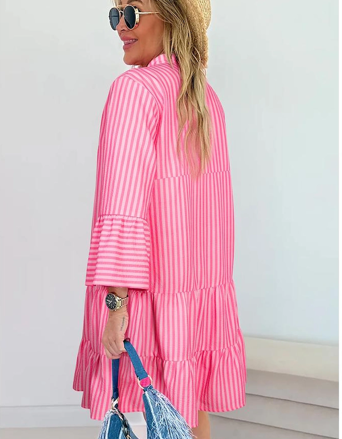 Pink Stripe Flare Sleeve Half Placket Tiered Flowy Mini Dress, 10 of 9