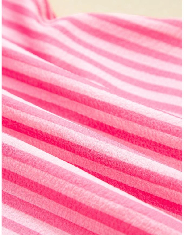 Pink Stripe Flare Sleeve Half Placket Tiered Flowy Mini Dress