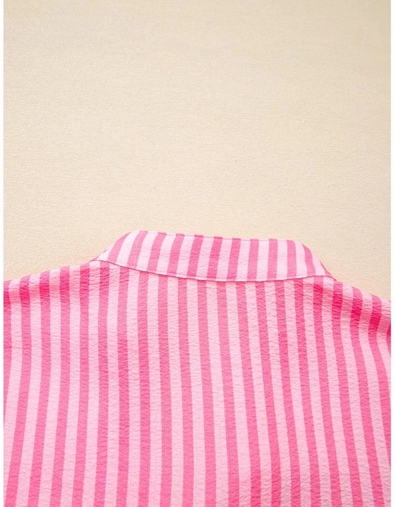 Pink Stripe Flare Sleeve Half Placket Tiered Flowy Mini Dress