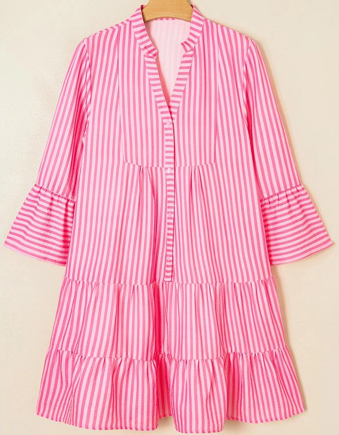 Pink Stripe Flare Sleeve Half Placket Tiered Flowy Mini Dress