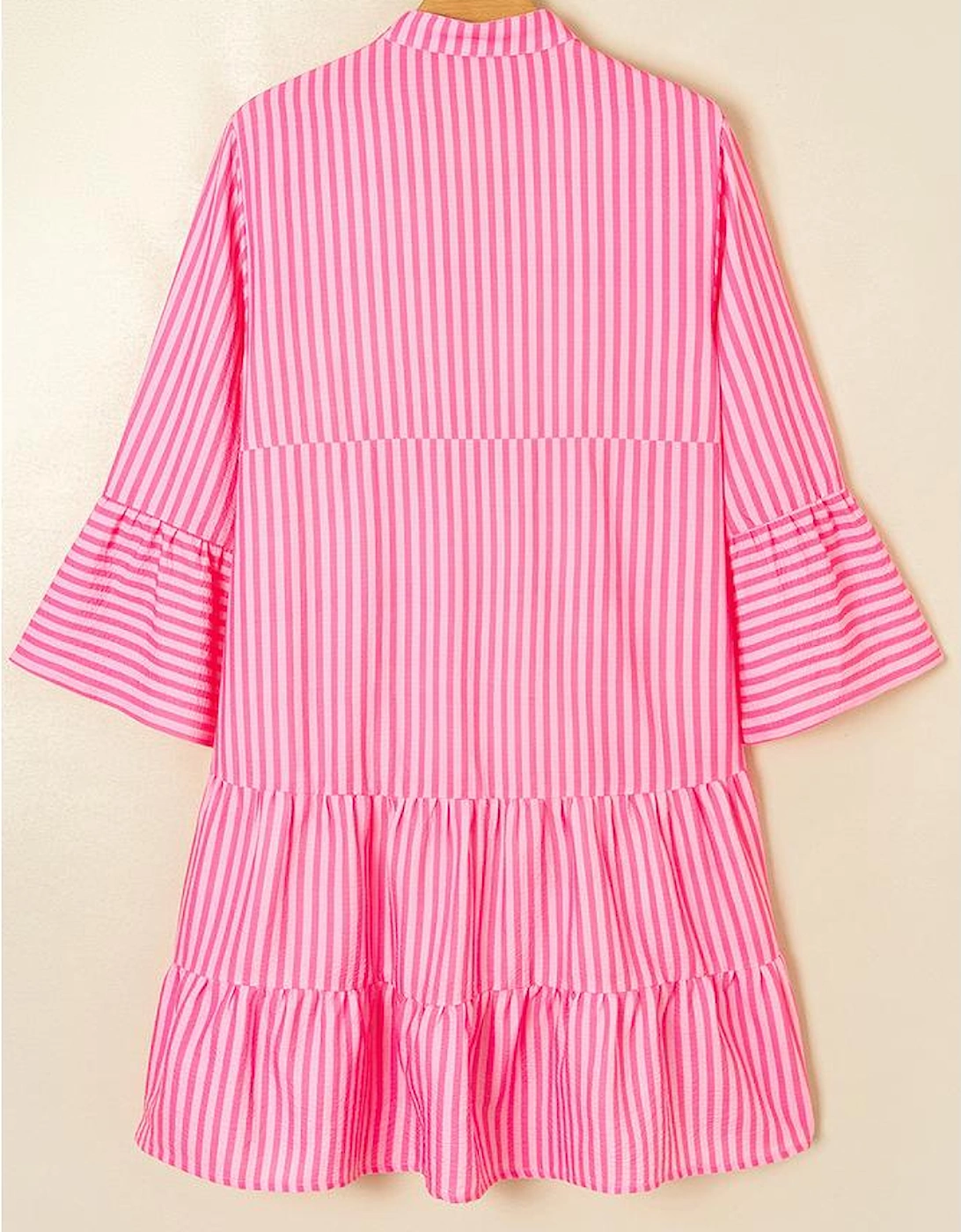 Pink Stripe Flare Sleeve Half Placket Tiered Flowy Mini Dress