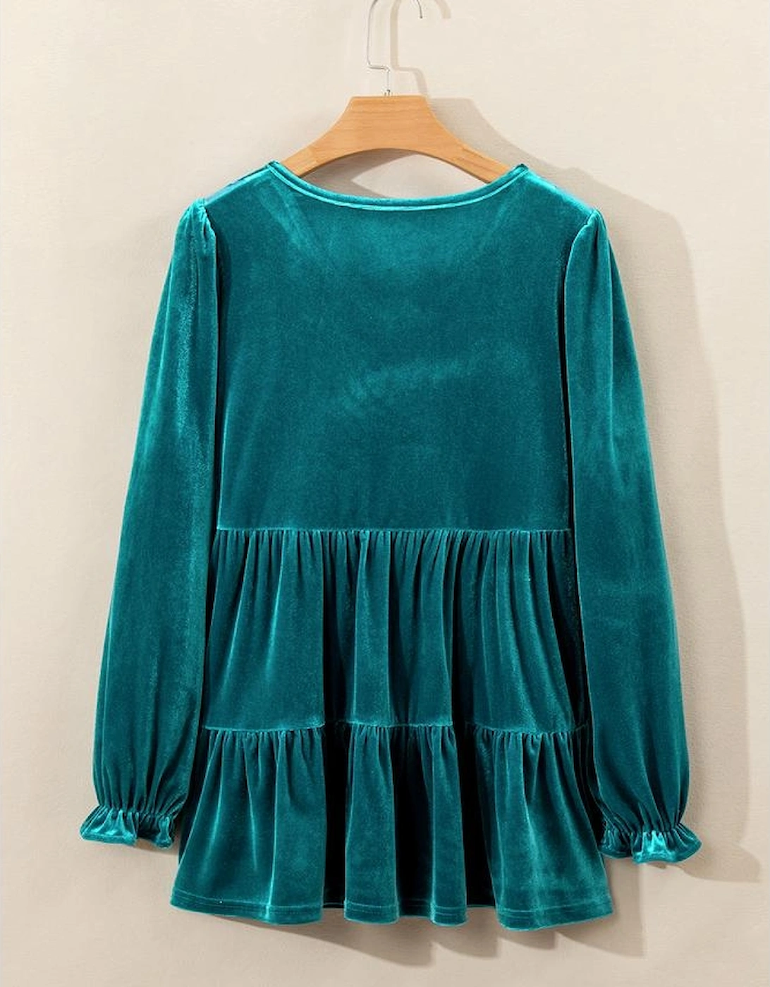 Sea Green Velvet V Neck Peplum Hem Puff Sleeve Blouse