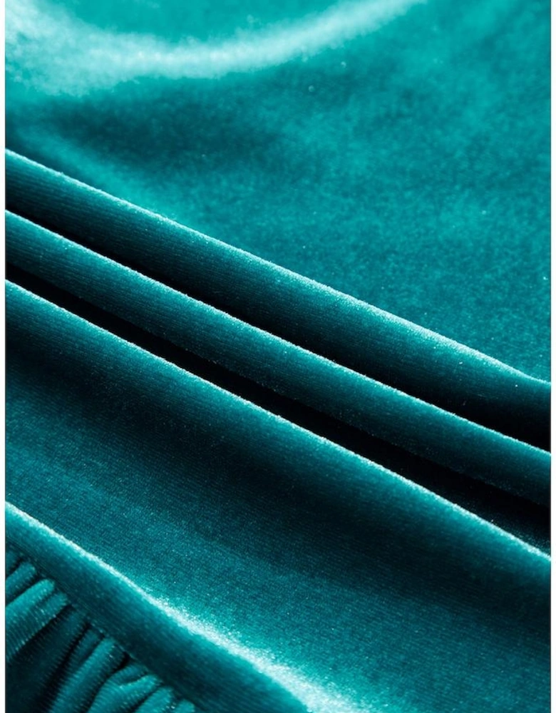 Sea Green Velvet V Neck Peplum Hem Puff Sleeve Blouse