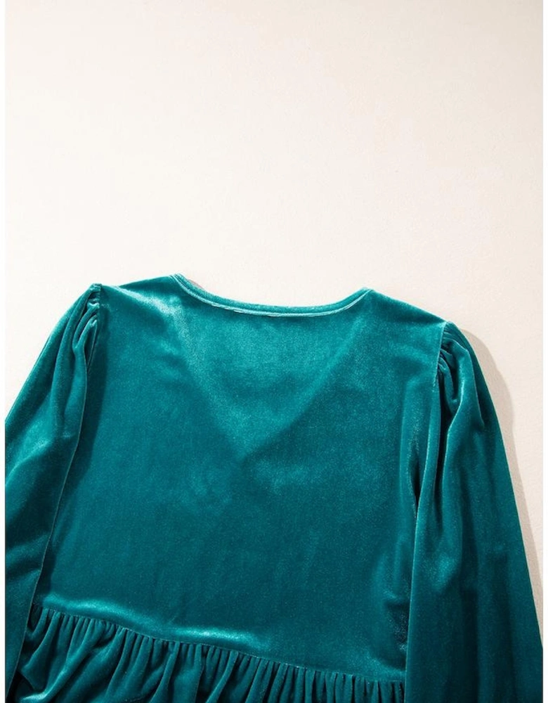 Sea Green Velvet V Neck Peplum Hem Puff Sleeve Blouse
